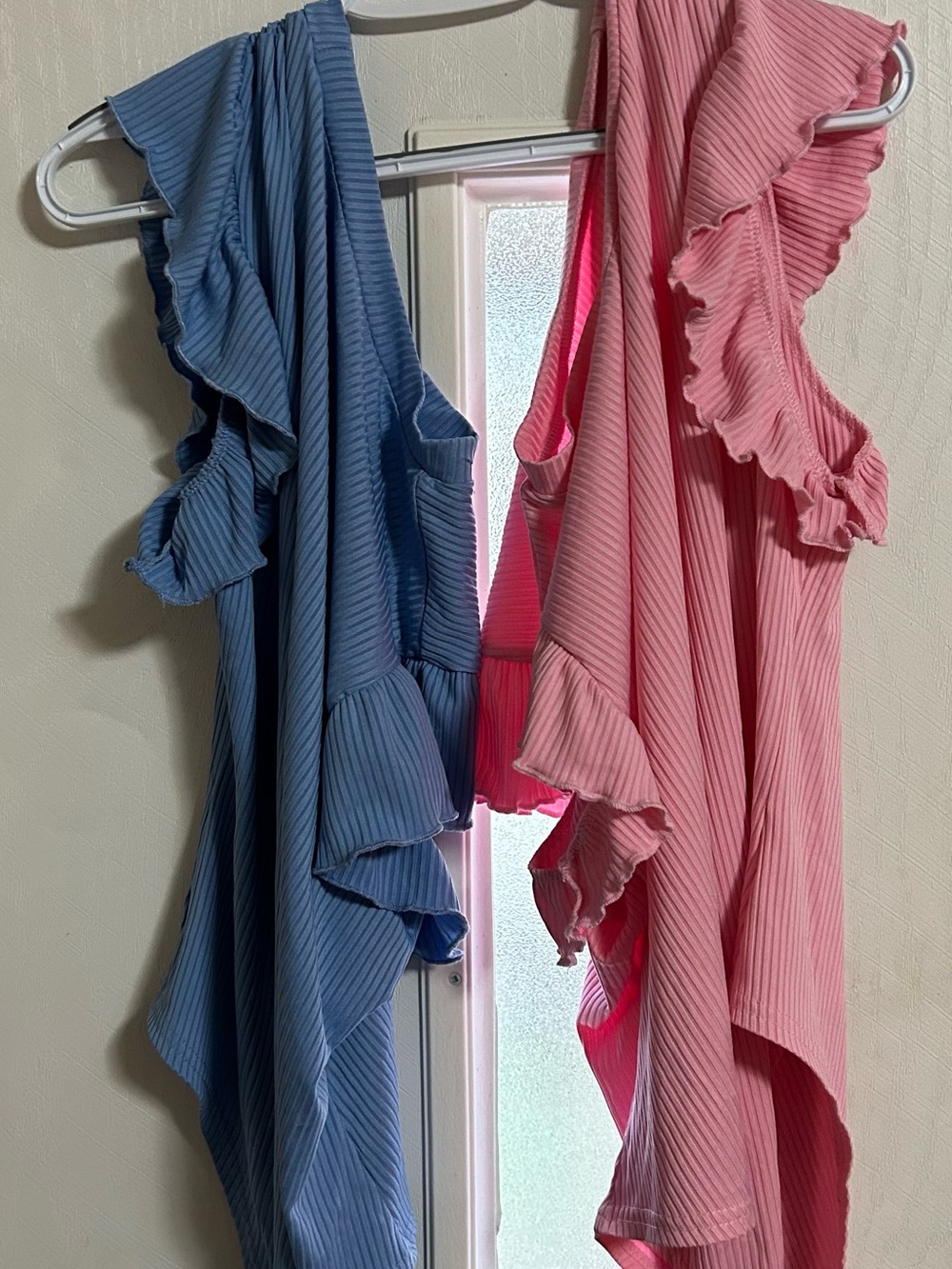 SHEIN Blue & Pink Ruffle Ribbed Sleeveless Bodysuits